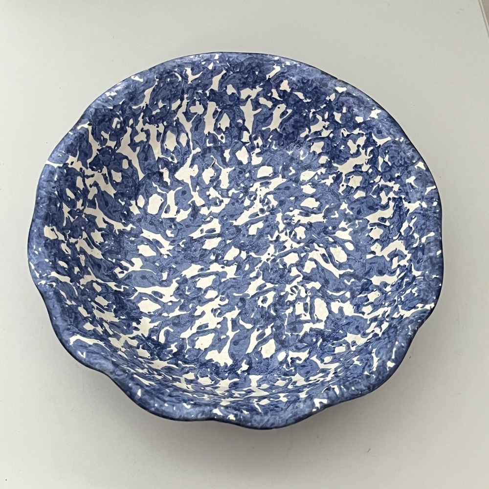Conner Prairie Pottery‎ Bowl  9.5in Blue White Spatter Scalloped 1998